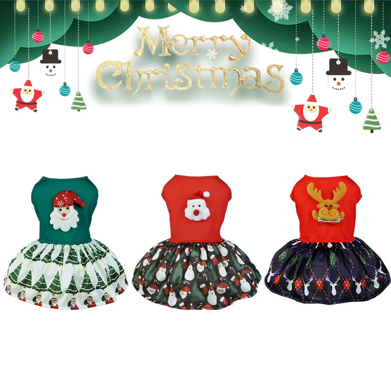 Christmas Dog Dress Pet Dog Clothes Fashion Puppy Princess Skirt Cute Bow Cat Wedding Dress Print Pet Outifts Chihuahua Clothes