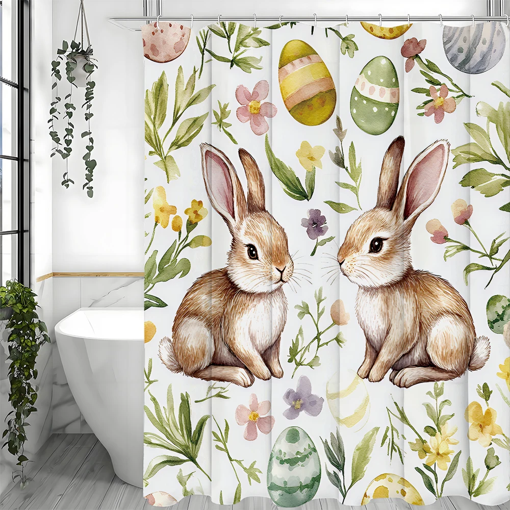 

Cute Easter Bunny Shower Curtain, Spring Floral Pattern, Cute Bunny Eggs Farmhouse Bathroom Decorative Shower Curtain, Waterproo