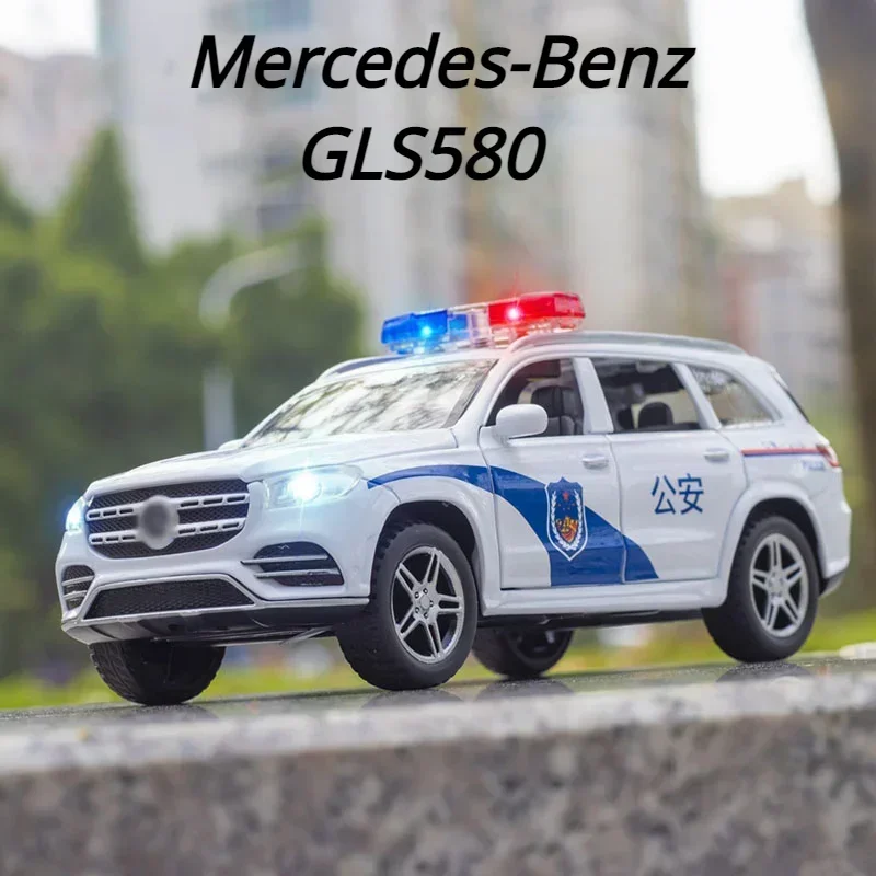 Coche de policía Mercedes Benz GLS580, vehículo de juguete de aleación, luz con sonido, tirar hacia atrás, todoterreno, juguetes fundidos a presión, 1:32, A79