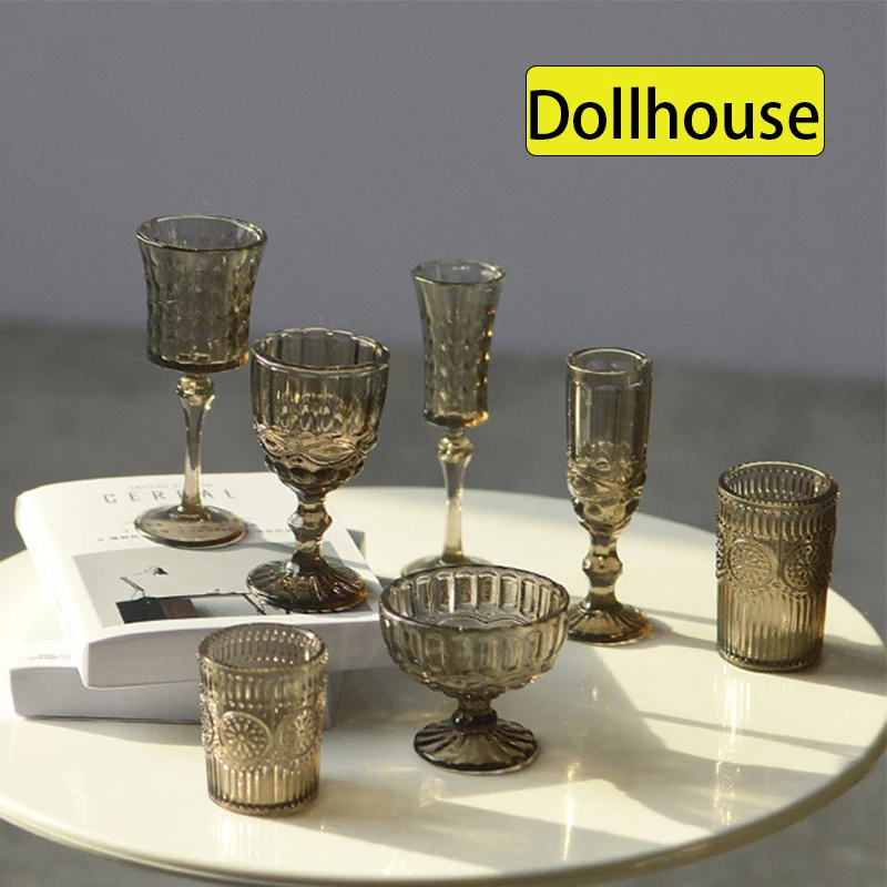 7Pcs/Set 1:6 Miniature Water Cup Carved Wine Glass Champagne Glass Model Kitchen Furniture DollHouse Accessories Pretend Toys