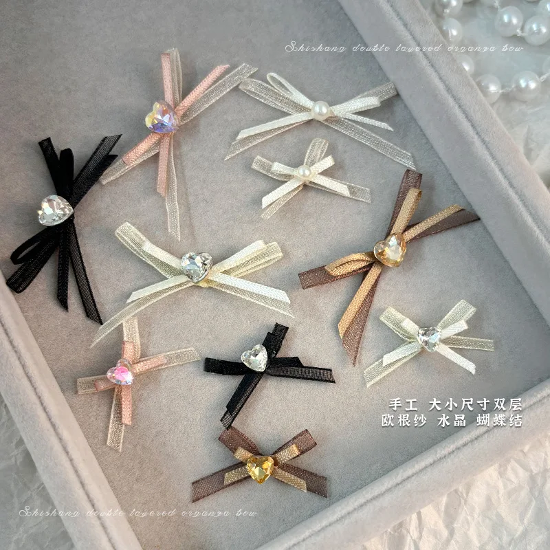 10 Uds. De cinta de encaje de Organza de doble capa, abalorios para uñas con lazo, corazón de amor, accesorios de diamantes de imitación para decoración de uñas, suministros de manicura