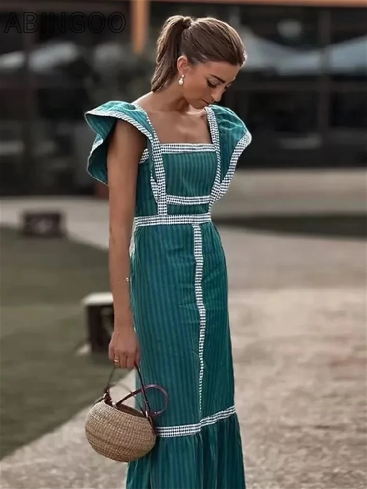 

ABINGOO Women Vintage Square Collar Patchwork Plaid Maxi Dress 2024 Fly Sleeve Female Elegant Summer Ruffles Beach Long Dress