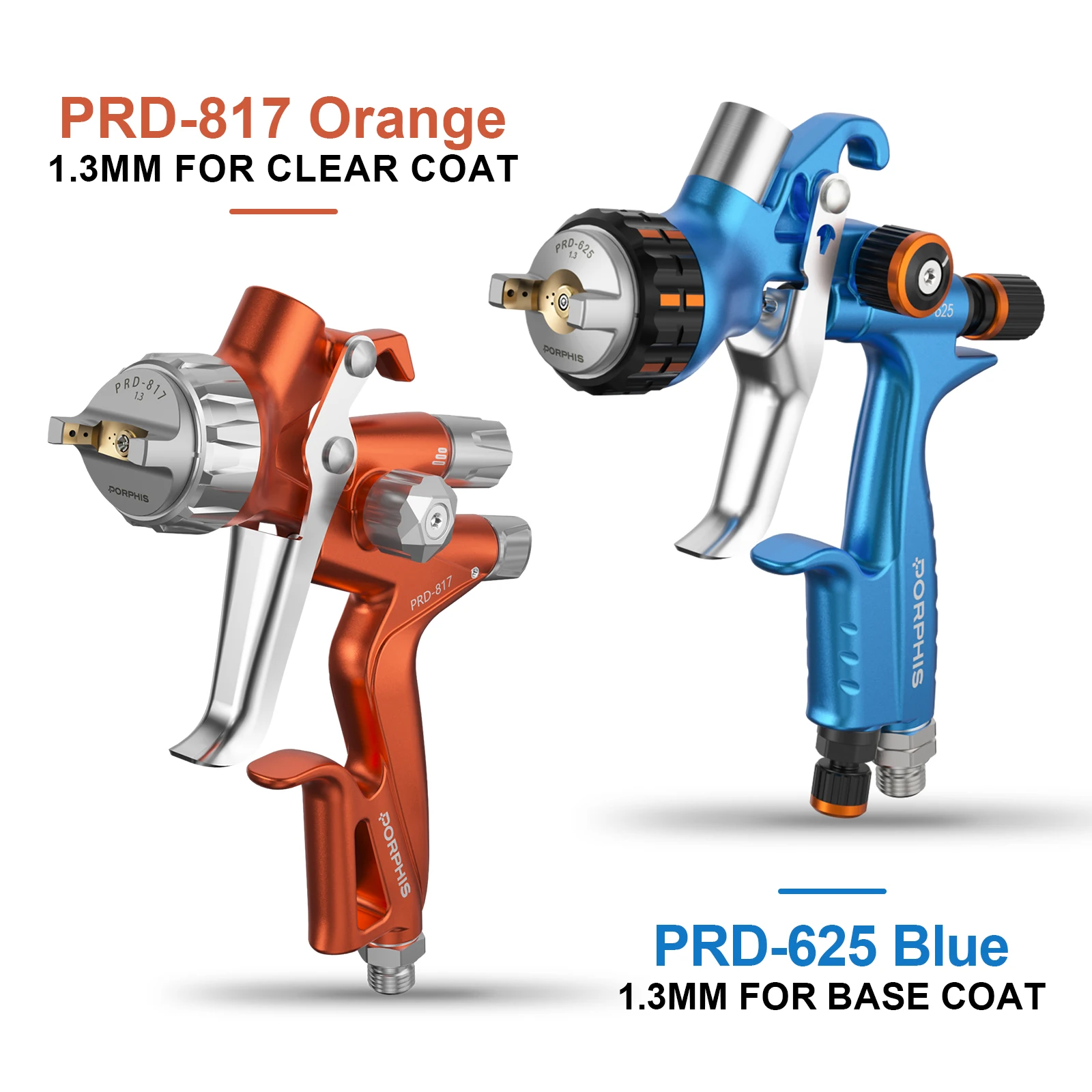 PORPHIS PRD-817 PRD-626 or PRD-625 No Cup Dual Spray Painting Gun Set Auto Paint Gun for Clear Base Coat Finish Refinishing Tool