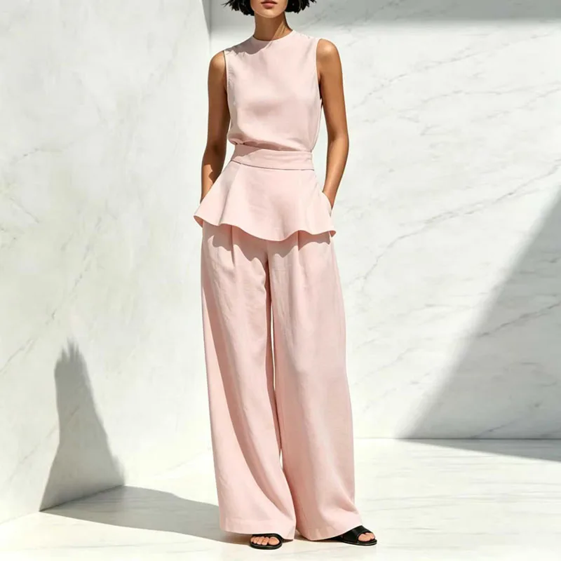 Elegant Solid Color Two-Piece Set Summer Sleeveless Crew Neck Ruffle Top & Wide Leg Trousers Women's Suit Casual Vacation Outfit