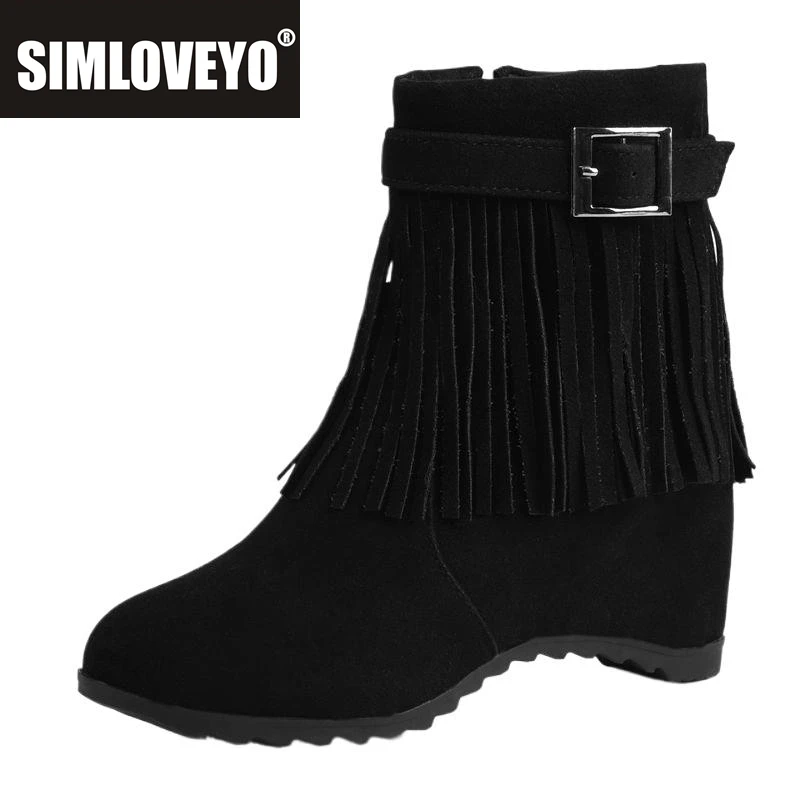 

SIMLOVEYO женские замшевые ботильоны из флока с бахромой, ботильоны на танкетке с круглым носком, 6 см, 42, 43, 44, повседневные ботильоны