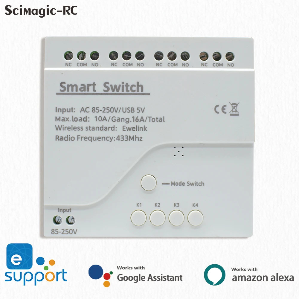 

Беспроводной коммутационный модуль EWeLink для умного дома, 4 канала, 10 А, реле, радиочастотный Приемник 433 МГц, работает с Alexa Google Home