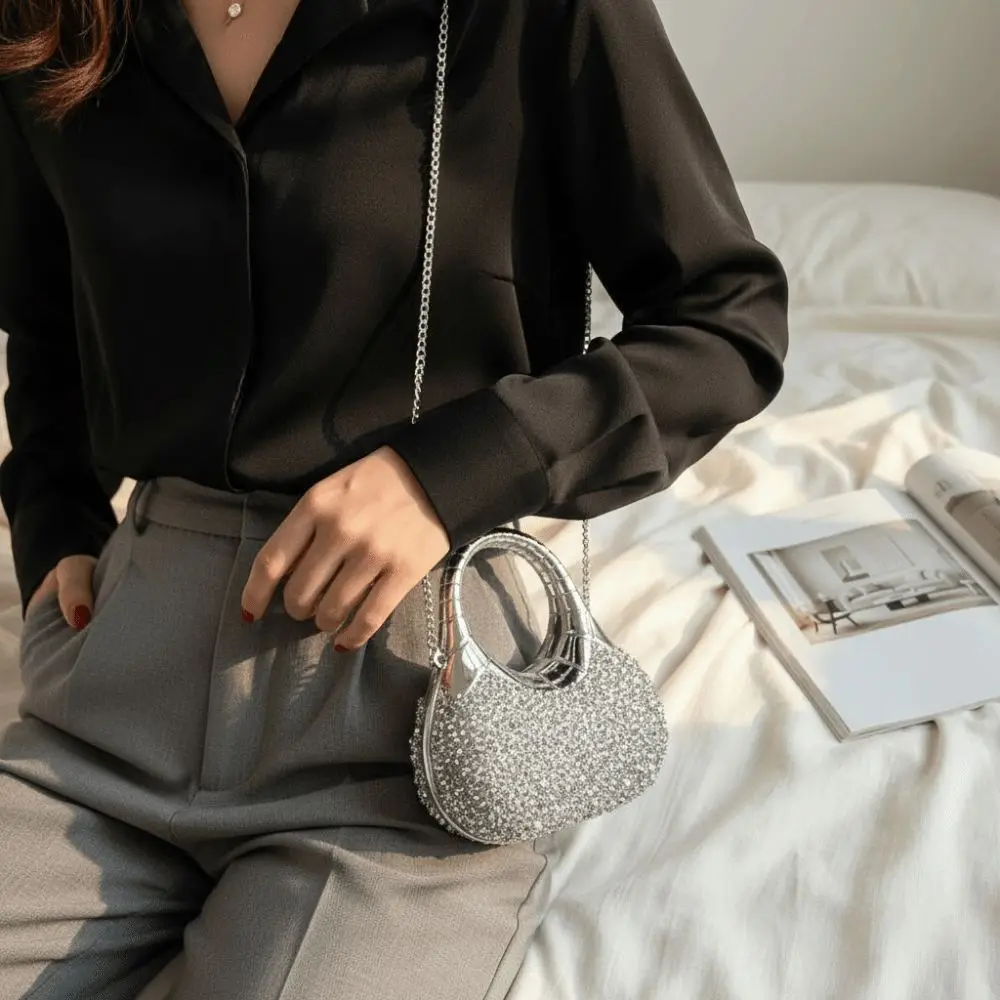 Crystal Embellished Crescent Evening Clutch High-shine Finish Detachable Chain Rhinestone Box Purse Reflective Texture