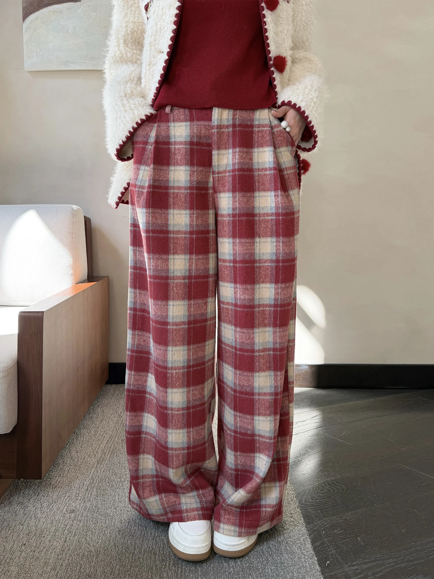 

Slimming Plaid Woolen Casual Pants for Women High Waist Straight Leg Loose Fit Faionable Korean Sle LADIES FIRST