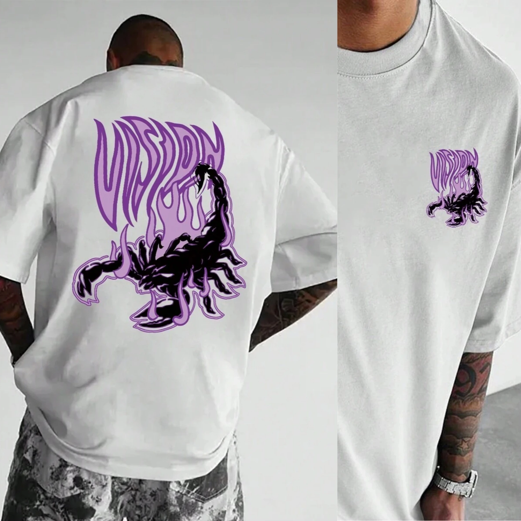 Men's Scorpion Letter Printing Short Sleeve Cotton Tees Vintage Hip Hop Sports Tops Summer Breathable Clothing Men's T-shirt