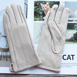 Farbige Lederhandschuhe für Damen, schlicht, modisch, gestreift, Samtfutter, Herbst und Winter, warme Outdoor-Fingerhandschuhe aus Schaffell