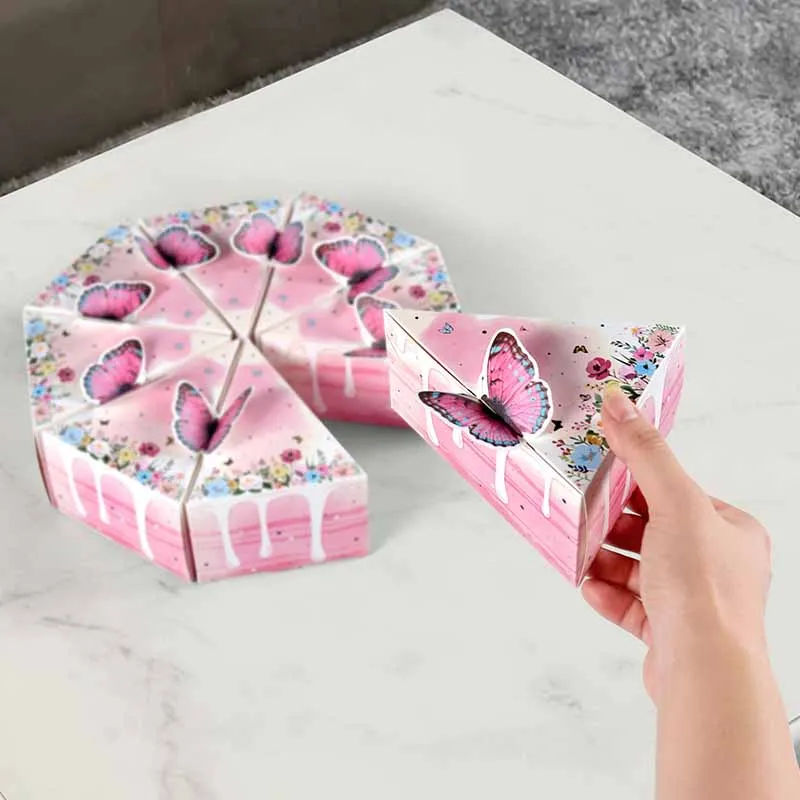 8/16 Stück Dreieckige Kuchen-Schmetterlings-Geschenkbox aus Papier, Keks-, Babyparty-, Süßigkeiten- und Dessertverpackungsbox, Kindergeburtstagsparty-Zubehör – Detail 10