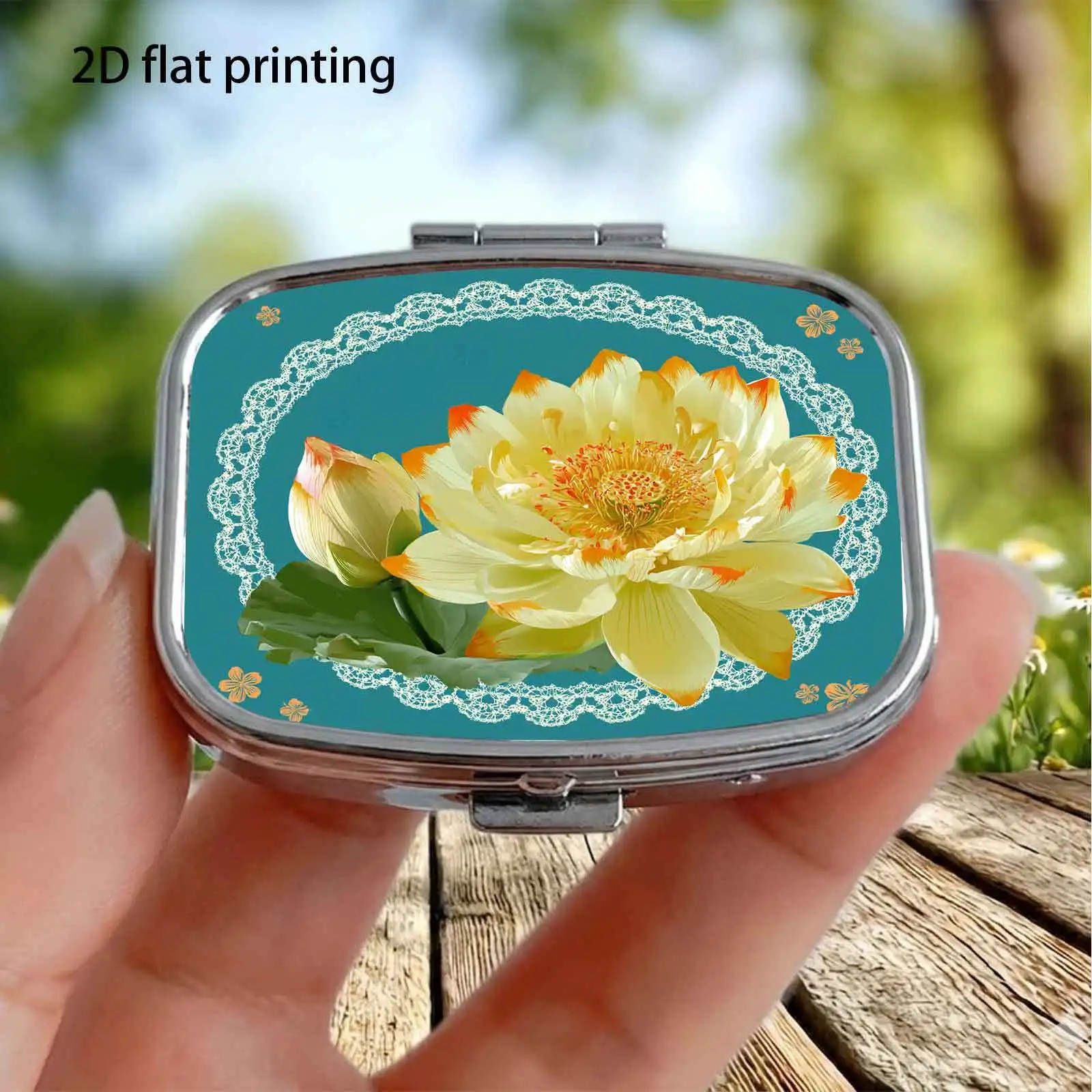 Single-piece, flat, yellow-orange gradient bud-patterned square double-compartment storage box, used for storing capsules, creating a festive atmosphere, suitable for personal use or as an exquisite gift option