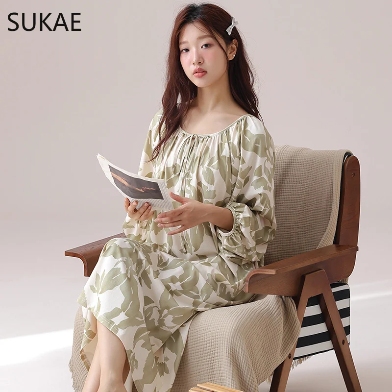 SUKAE Elegant Women Nightgowns Spring Vintage Court Style Lady Chic Dress Autumn Faux Cotton Nightdress Gorgeous Long Sleepshirt