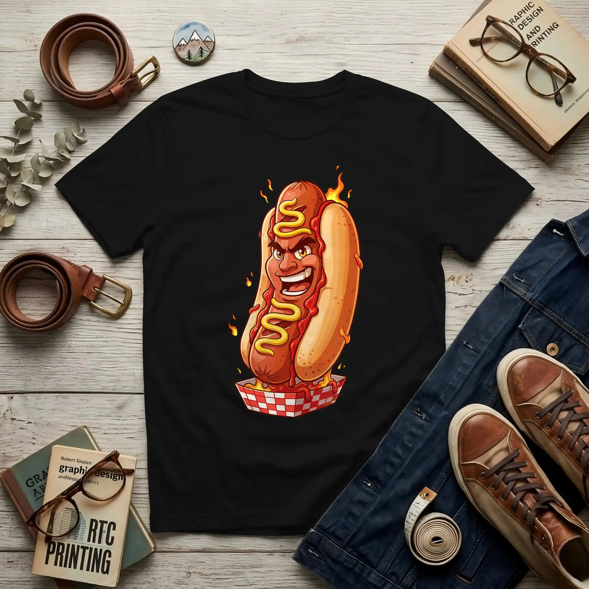 Flaming Hot Dog Character Men T Shirts Hot Dogs Humor Tee Shirt Short Sleeve Crewneck Cotton Summer Clothes T-Shirt