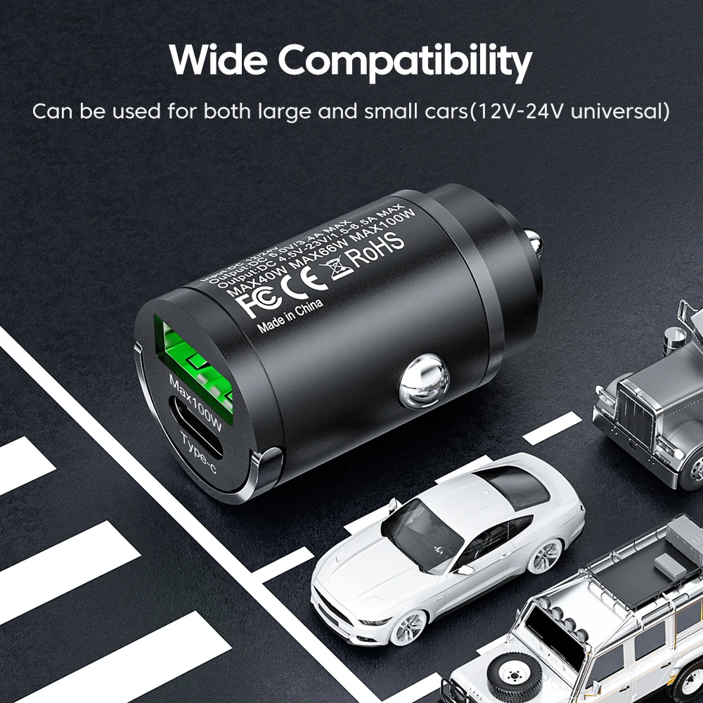 Mini 100W PD QC Pull Ring Fast Charging Car Charger USB C Car Phone Charger Adapter For iPhone 13 12 Xiaomi Samsung Huawei