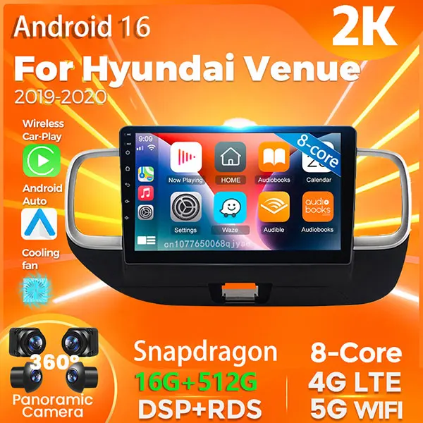 Rádio Automotivo Android 16 Qualcomm Carplay para Hyundai Venue 2019 - 2020 Reprodutor Multimídia de Vídeo Navegação Estéreo BT DVD Câmera 360