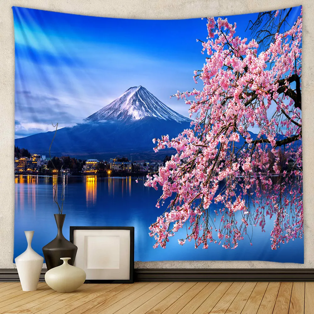 Mount Fuji Cherry Blossom Tapestry Japanese Nature Wall Art Decor for Home Bedroom Yoga Space