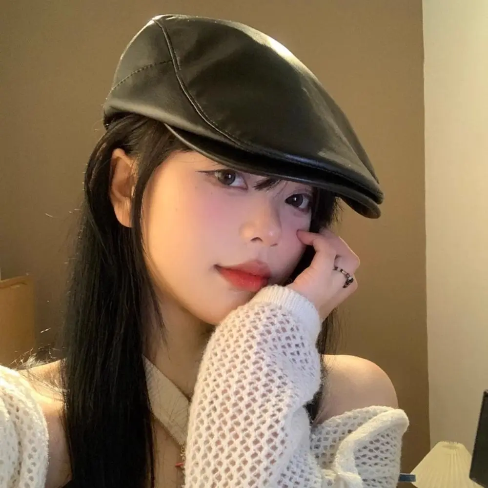 

Fashion Vintage PU Leather Berets Hat Harajuku Gothic Y2k Berets Hat Subculture Casual Painter Hat Men Women