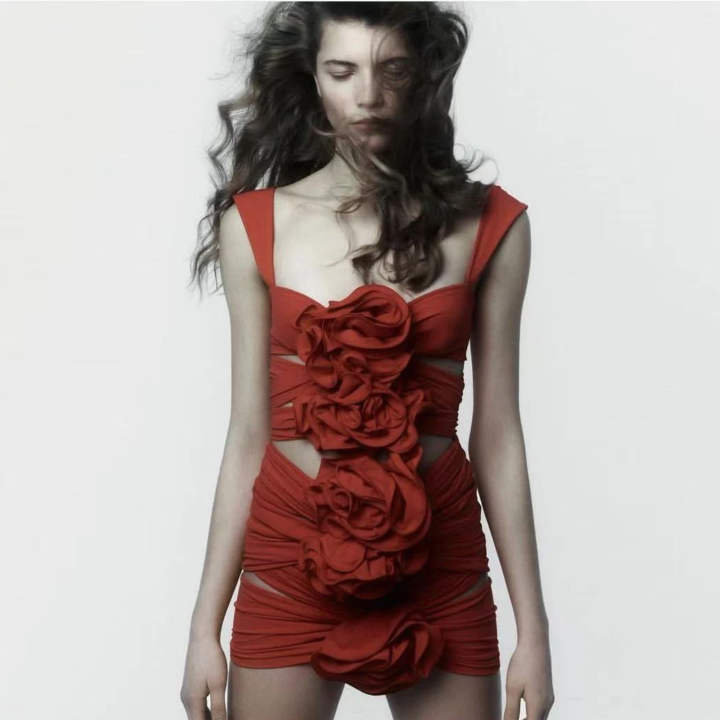 

Sexy Cut-out Burgundy Flower Prom Gowns Floral Women Party Dress High Fashion Stretchy Handmade Floral Dress Mini Length