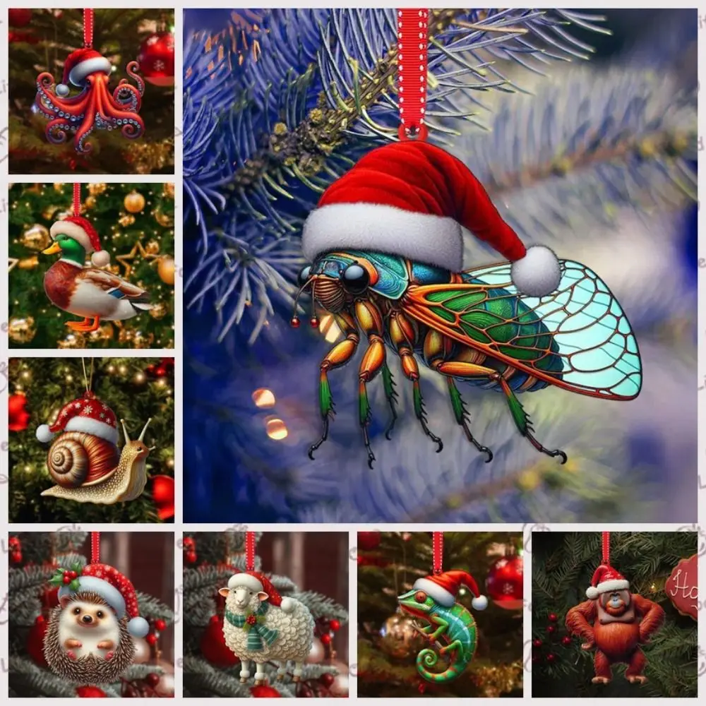 Christmas Squirrel Pendant 2D Cartoon Hedgehog Sheep Decorative For Xmas Tree Car New Year Funny Animal Car Decoration