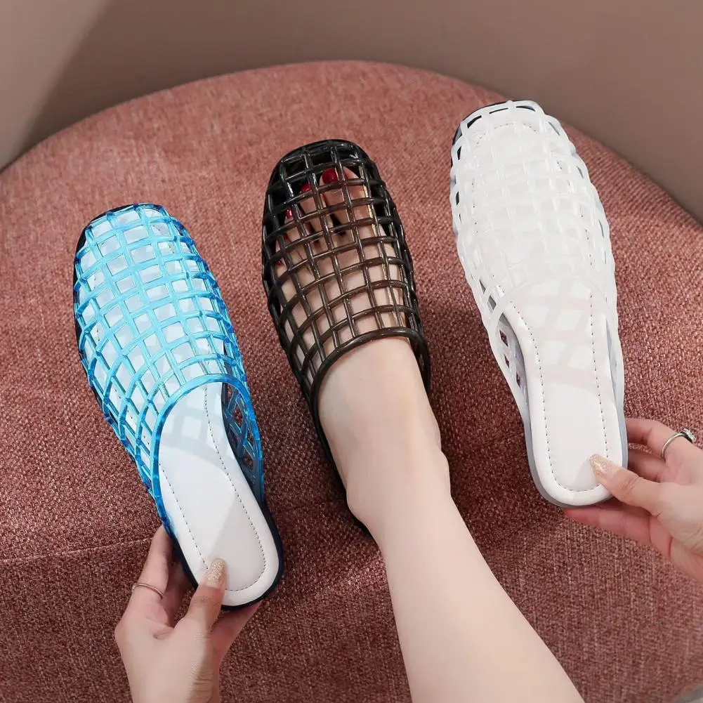 Women Lattice Mules Closed Toe Breathable Slippers Summer Slip-on Jelly Shoes Siesta Flats for Beach Vacation Daily Errands