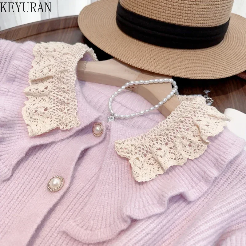 Sweet Peter Pan Collar Sweater Coat Women Autumn Winter Chic Loose Outwear Female Elegant Bow Knitted Cardigan Mujer Crop Tops