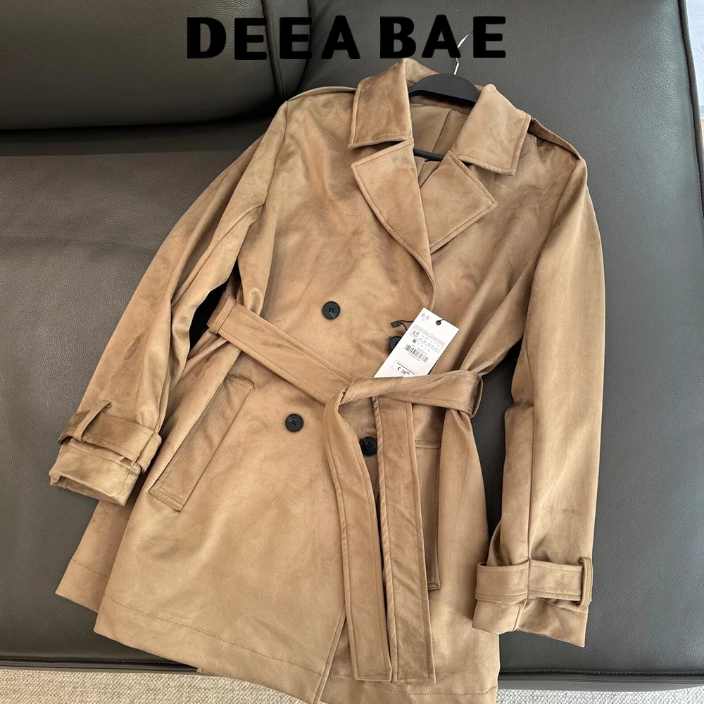 

DEEABAE Осенняя новая женская однобортная ветровка с длинными рукавами и лацканами, поясом на талии и эффектом матовой замши