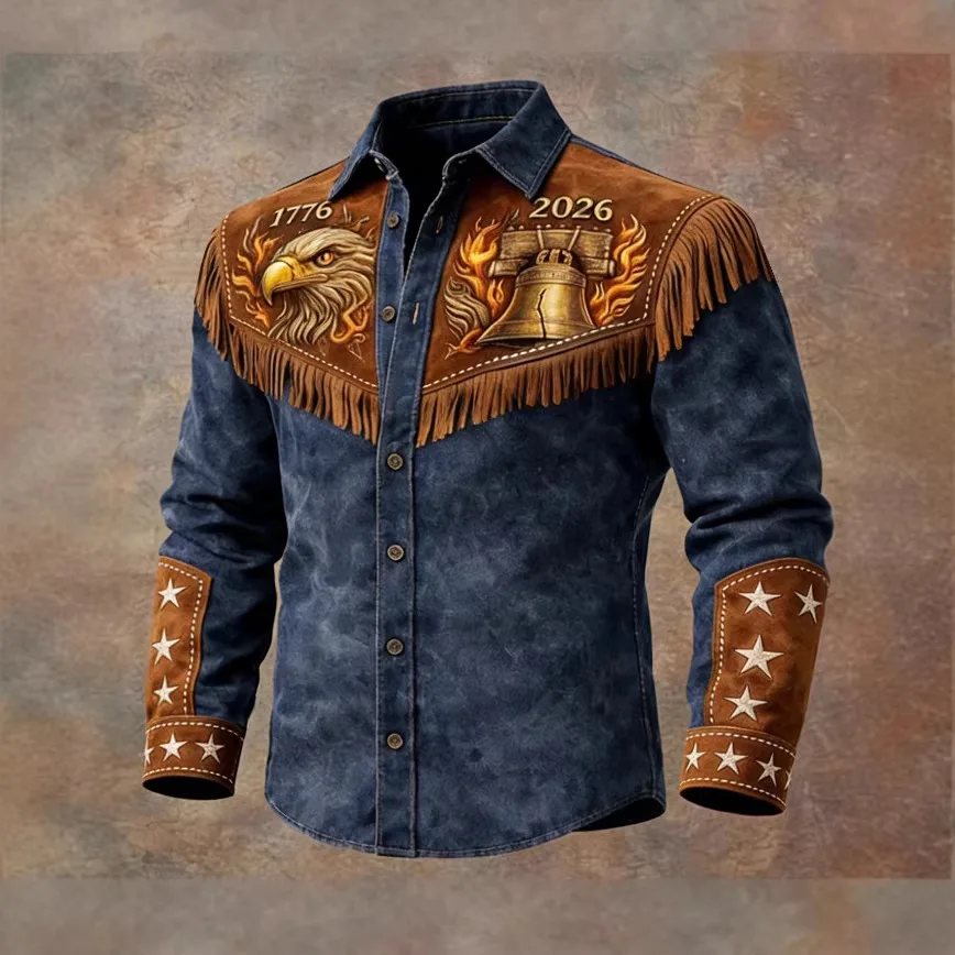Cross-border 2026 new men's clothing retro old western America 250th anniversary printed shirt