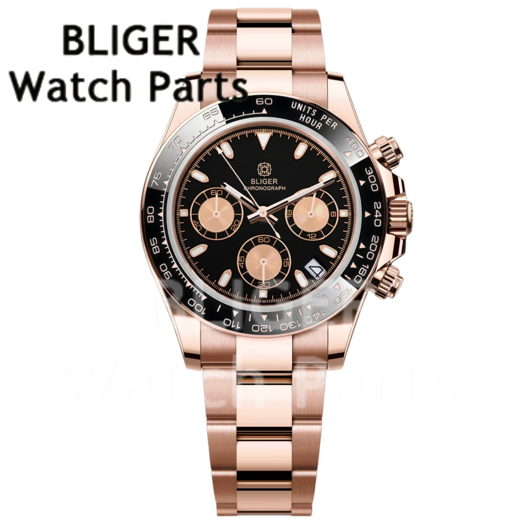 

BLIGER High-Quality VK63 Quartz Men Watch 39mm Rose Gold Chronograph Sport Watch For Men Luminous Dial Ceramic Bezel Steel Strap