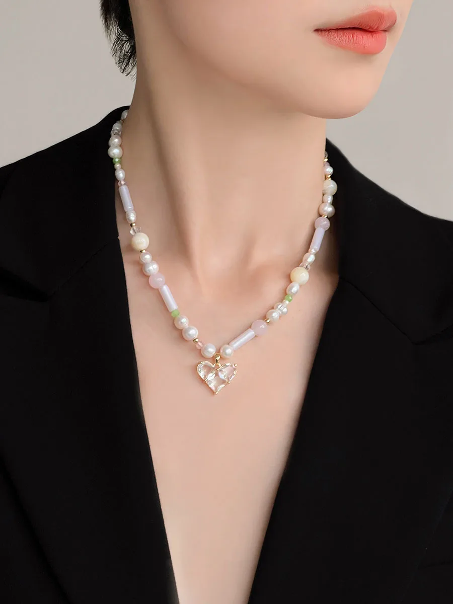Brass Real Natural Pearl Heart  Beads Necklace Women Jewelry Punk Designer Runway Rare Simply Gown Boho Japan Korean
