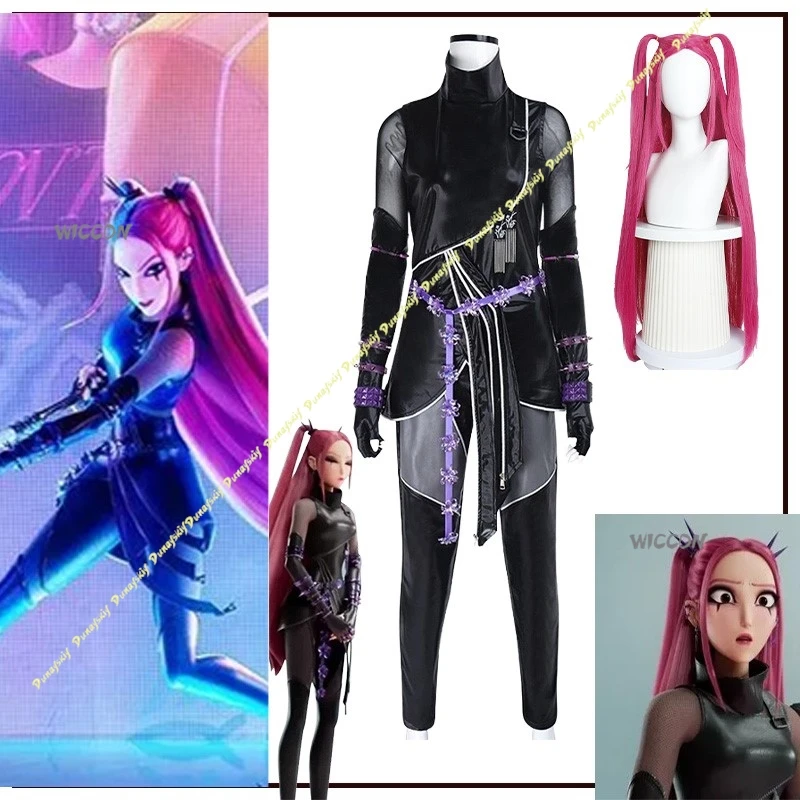 Juego de Anime KPop Demon Hunters Mira Fight, disfraces de Cosplay, peluca para niñas, ropa, mono negro, conjunto de fiesta para mujeres, Navidad y Halloween