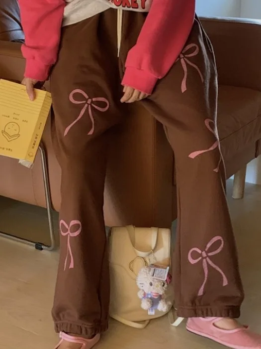 삼색 나비 매듭 프린트 여자 플리스 안감 스포츠 바지 긴 캐주얼 바지 봄 시즌 여성 패션 스트리트 스타일