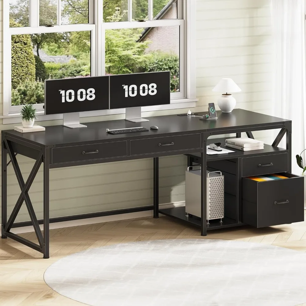 

63" Office Desk with 4 Drawers, Computer Desk with File Drawer & Power Outlet, Home Office Desk with Storage Shelves & Printer