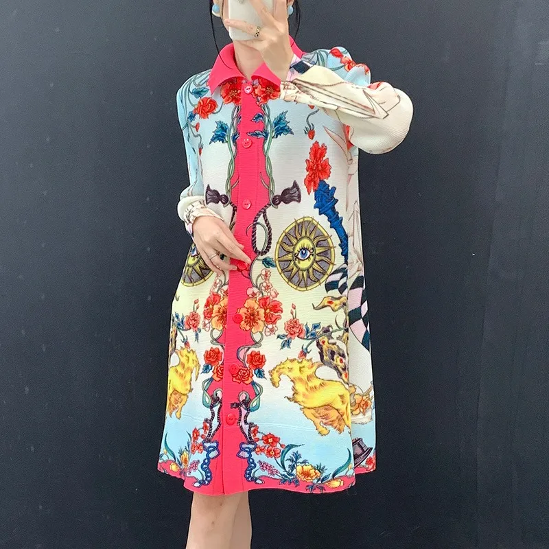 Miyake Pleated 2026 Autumn New Style Elegant Mid-Length Printed Slimming Age-Reducing Mother's Dress with Nine-Quarter Sleeves