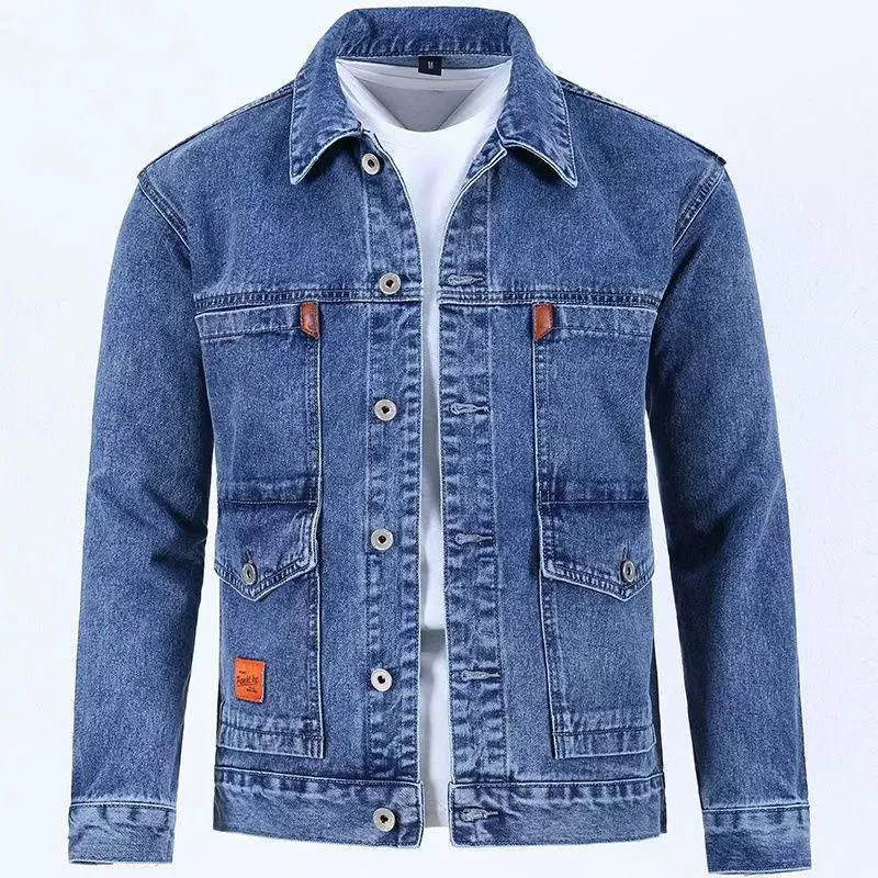 Loose Casual Long Sleeve Denim Jacket for Men Spring Autumn Multi Pocket Button up Classic Collar Outerwear Youth Trend