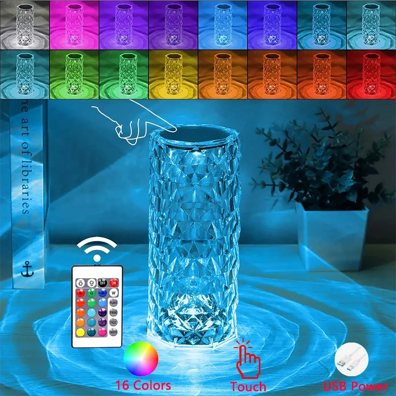 Rechargeable 16 Colors RGB Rose LED Night Light Color Changing Crystal Touch Table Lamp For Bedroom Nightstand Christmas Decor