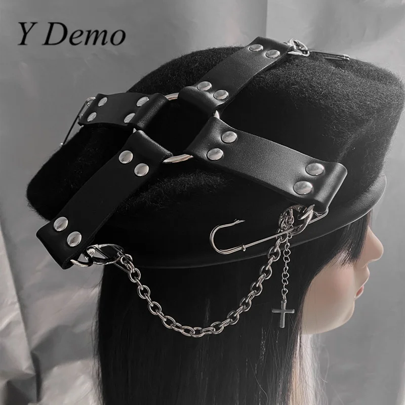 Y Demo Gothic Handmade Pu Cross Buckles Movable Pins Women\'s Beret Punk Hat Grunge