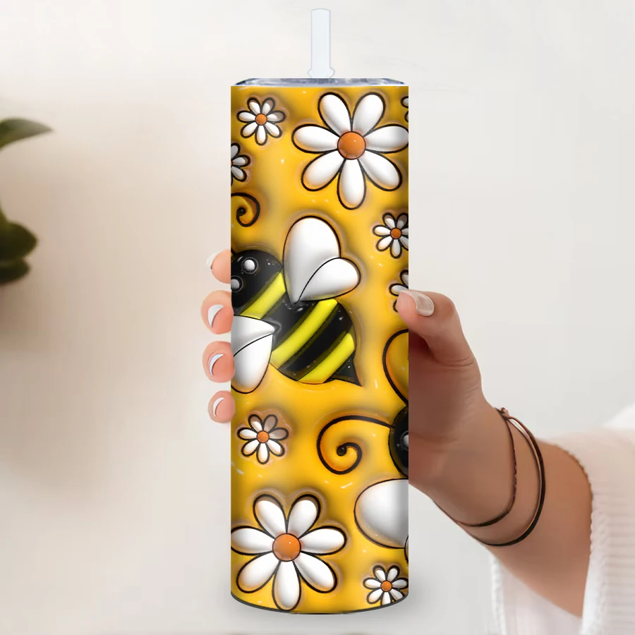 20oz Skinny Straight Tumbler Straw Lid 1Pc 3D Print Bee Honey Water Mugs Stainless Insulated Water Bottle Festive Birthday Gift