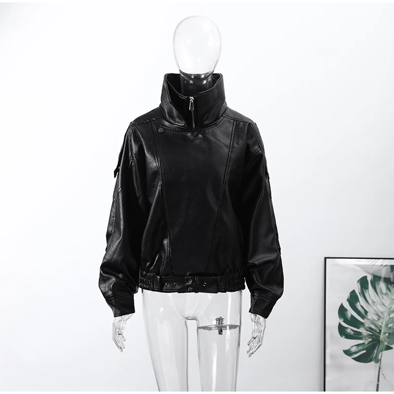 Black Asymmetry Buttons Leather Jackets Women Lapel Long Sleeve