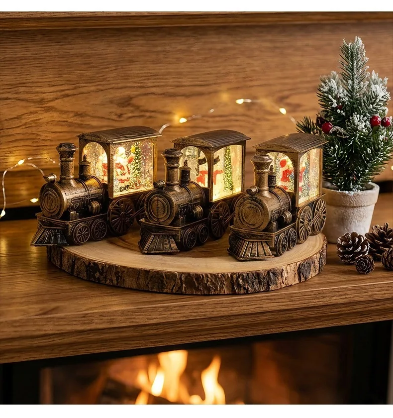 Christmas Small Train Lighted Water Filled Snow Globe Lantern Desktop Figurine Xmas Tree Scene Layout Home Party Decor Prop