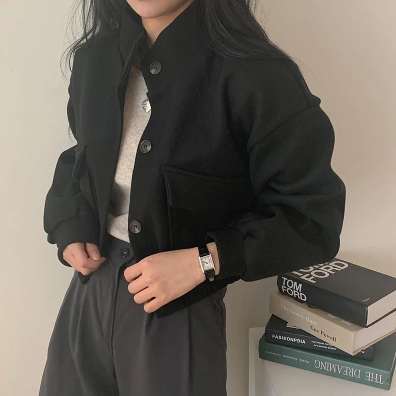 Mulheres vintage recortadas casacos sólido senhora do escritório botão gola streetwear jaqueta outono inverno solto casual imitação de lã topos