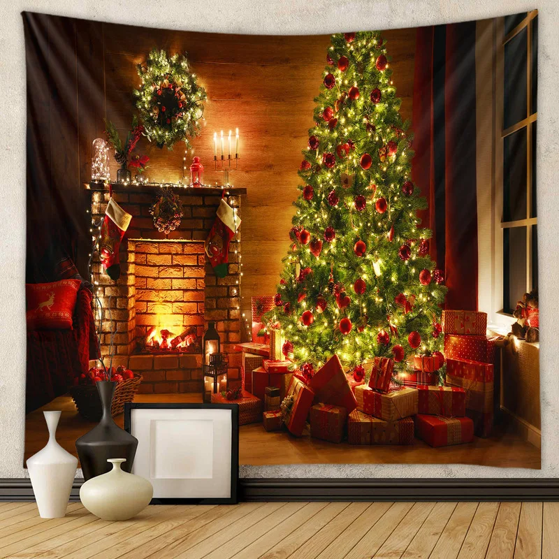 VIKAMA Vintage Christmas Cabin Wall Tapestry Fireplace Xmas Tree Scene Wall Hanging Backdrop for Holiday Home Decoration