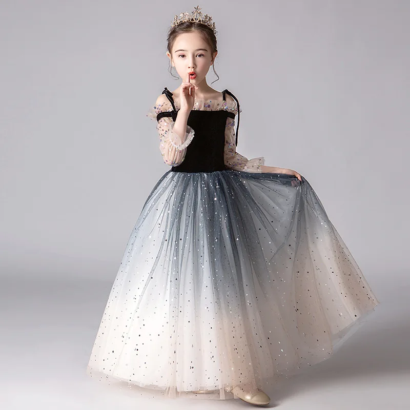 

Длинное вечернее сетчатое бальное платье для детей 4, 8, 10, 12 лет, сексуальное детское свадебное платье с рукавами, торжественное платье, детское вечернее платье с пайетками для девочек