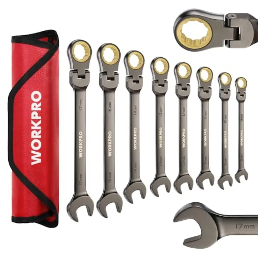 

8-piece Flex-Head Ratcheting Combination Wrench Set, 9-, 72-Teeth, Cr-V Constructed, with Organization Bag