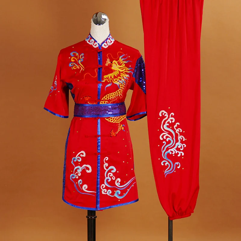 Performance Embroidered Wushu Uniform Dragon Kung Fu Suit Changquan Professional Competition Costume Adult Kids Red Custom