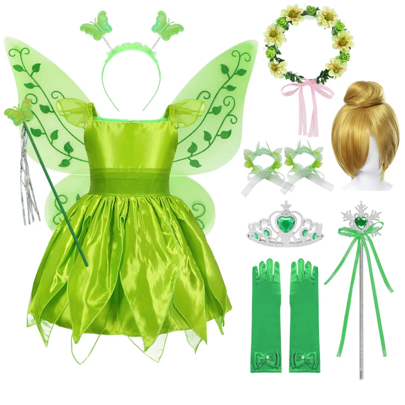 

Tinker Bell Fairy Dress Girls Princess Birthday Costume Halloween Carnival Party Cosplay Costume with Wings Kids Green Dress