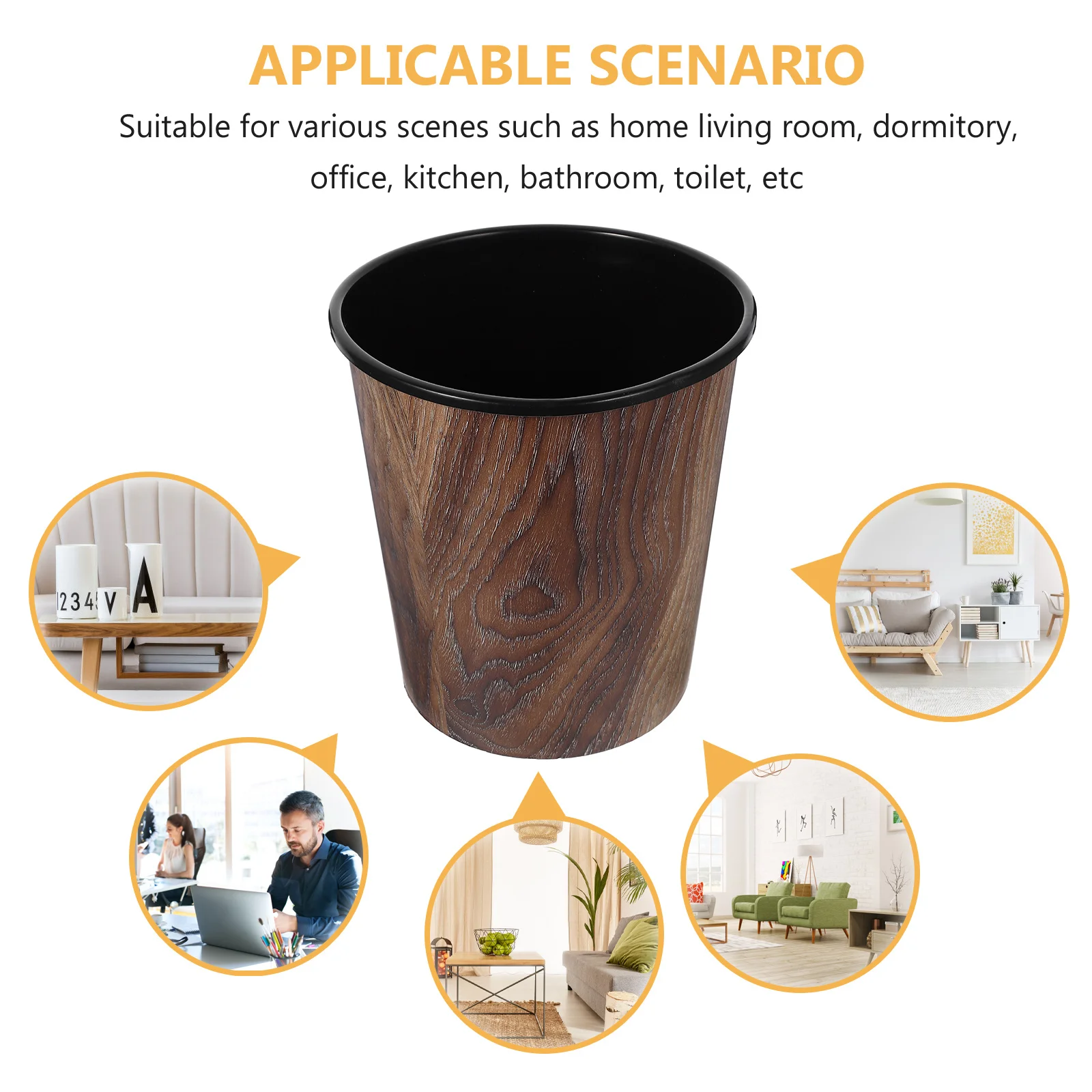 

Imitation Wood Grain Trash Can 7L Round Kitchen Bathroom Home Office Waste Basket Plastic Garbage Container Retro Style