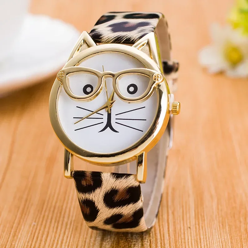 Reloj Geneva con correa de cuero para mujer, relojes de pulsera de cuarzo analógicos, gafas con cara de leopardo y gato, reloj para niños, reloj femenino