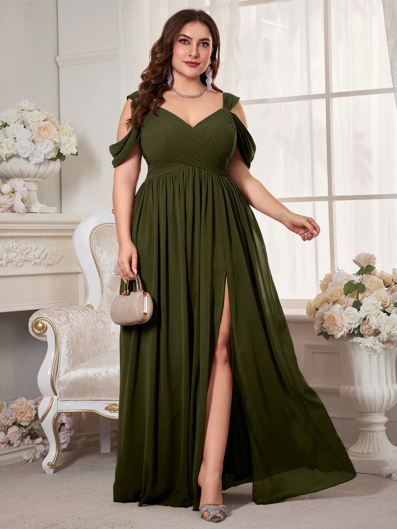 UNITHORSE Vestido de novia de gasa de manga corta con hombros descubiertos para mujer de talla grande, vestido elegante, atuendos de cumpleaños para mujer, vestido de graduación