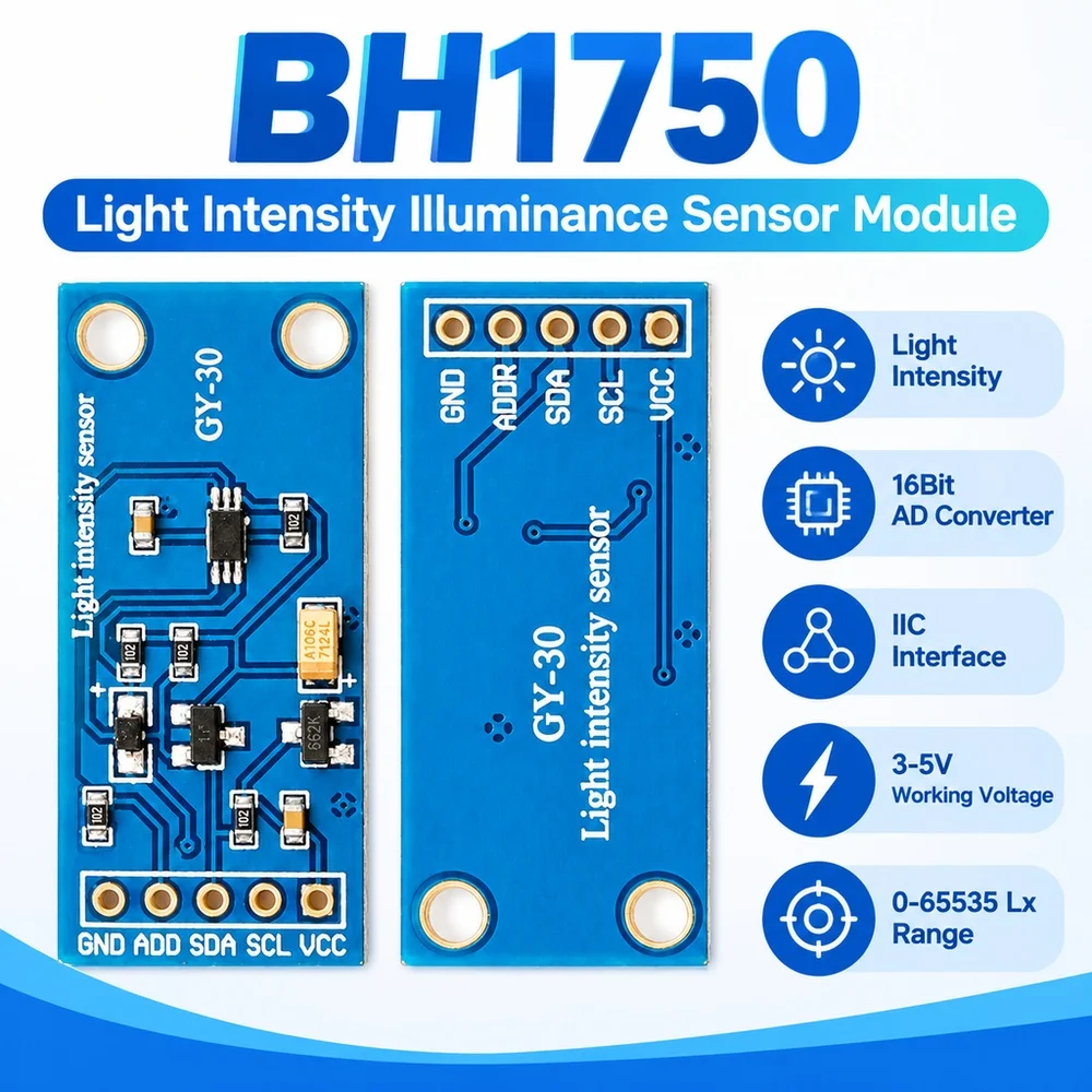 BH1750 Light Intensity Illuminance Sensor Module GY-30 GY-302 3-5V NXP IIC 0-65535 Lx 16Bit AD Converter